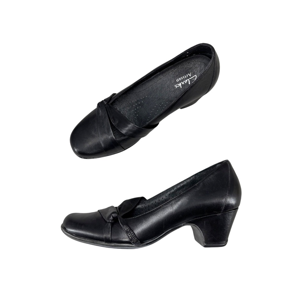Clarks Artisan Sugar Plum Heels Black Leather Square Toe Block Heel Pumps Size 7